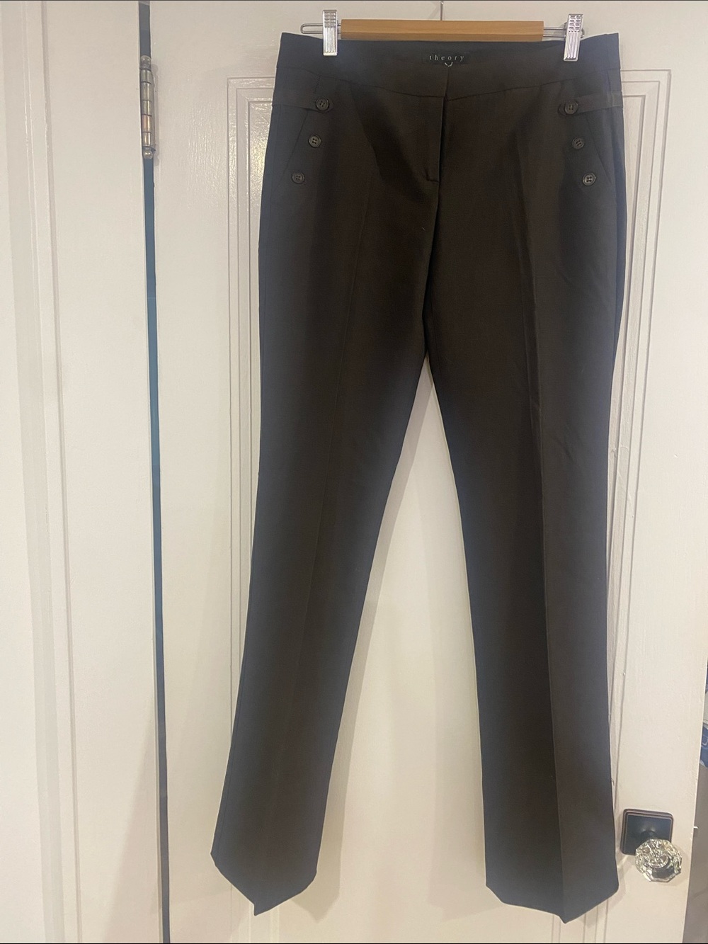 Theory Straight Leg Black Dress Pants with Button Detail